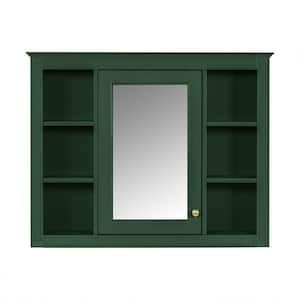 35 in. W x 7.10 in. D x 27.5 in. H Bathroom Storage Wall Cabinet in Green with Mirror Door and 6 Open Shelves