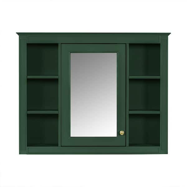 Adrinfly 35 in. W x 7.10 in. D x 27.5 in. H Bathroom Storage Wall Cabinet in Green with Mirror Door and 6-Open Shelves