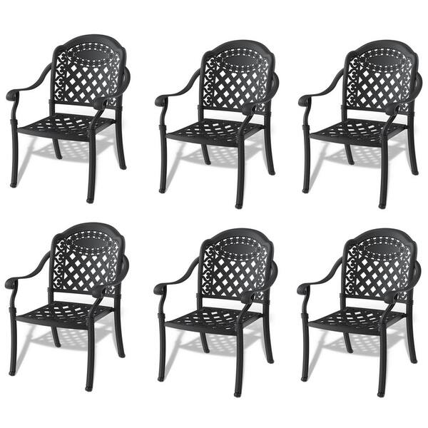 SUNRINX Black Stackable Cast Aluminum Patio Outdoor Dining Chair with Cushions in Random Color (6-Pack)
