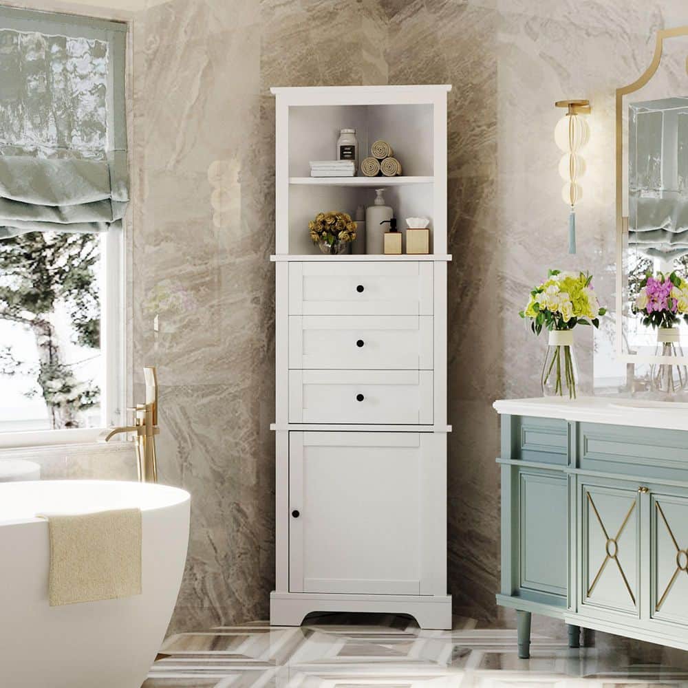 23 in. W x 13 in. D x 69 in. H White MDF Linen Cabinet with Three Drawers and Adjustable Shelves in White price history on PriceWatchPro