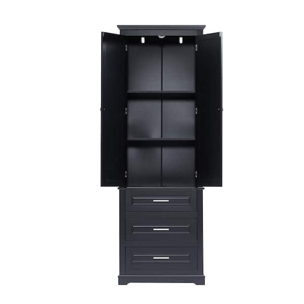 24 in. W x 15.7 in. D x 70 in. H Black Freestanding Linen Cabinet with 3-Drawers and 2-Doors