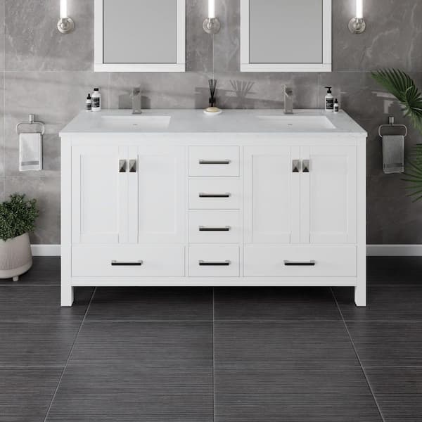 Eviva London 60 in. Double Sink White Bath Vanity with White Carrara Quartz Top (Assembled)