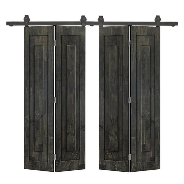 CALHOME 52 in. x 80 in. 1-Panel Shaker Hollow Core Charcoal Black Pine Wood Double Bi-fold Door with Barn Door Hardware Kit