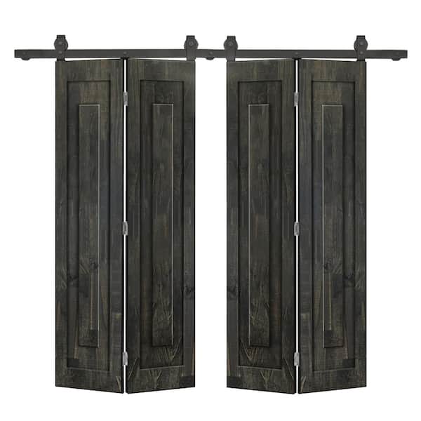 CALHOME 72 in. x 80 in. 1 Panel Shaker Hollow Core Charcoal Black Pine Wood Double Bi-fold Door with Barn Door Hardware Kit