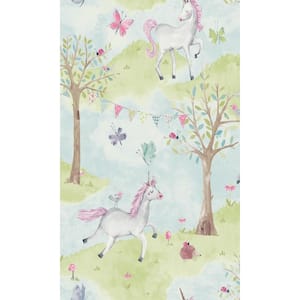 Light Blue Non-Pasted Unicorn and Butterflies Tropical Kids Shelf Liner Non-Woven Wallpaper Double Roll (57 sq. ft.)