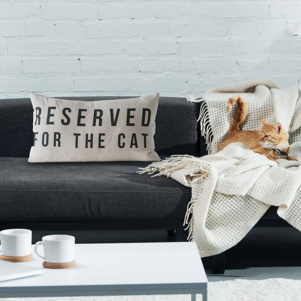 Natural Cotton Lumbar Pillow with Cat Design