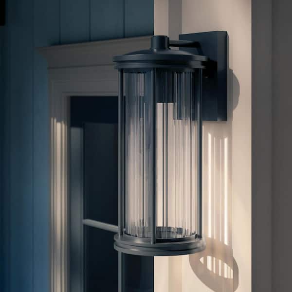 Barras 16 in. 1-Light Outdoor DarkSky Approved Wall Sconce with Clear Ribbed Glass in Black