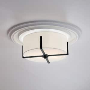 Malen 15.5 in. 2-Light Black Traditional Bedroom Flush Mount Ceiling Light with White Fabric Shade