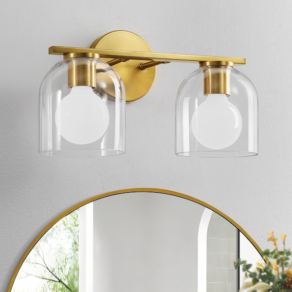 14 in. 2-Light Modern Gold Vanity Light with Clear Glass Shade Farmhouse Wall Sconce For Bathroom Light Fixtures