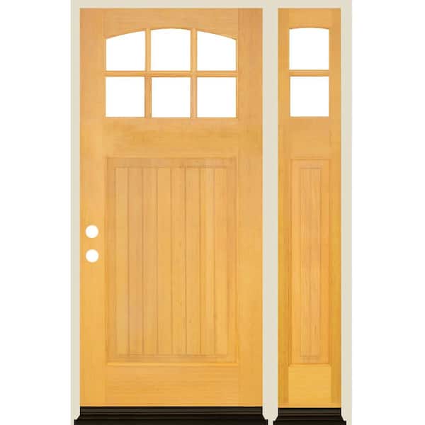 Krosswood Doors 50 in. x 80 in. Craftsman V-Groove Arch 6-Lite Clear Glass Clear Stain Right Hand Hemlock Wood Prehung Front Door w/RSL