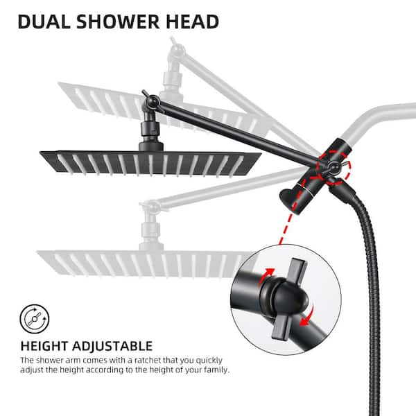 Rain Shower Head Combo 5-Spray 10 in. Wall Mount Dual Shower Heads and Handheld Shower Head with 2.5 GPM in Black