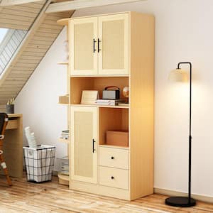 70.9in. Tall Burly Wooden Grain 6-Open Shelves, 5-Interior Shelves Accent Bookcase Storage Cabinet with 2-Drawers