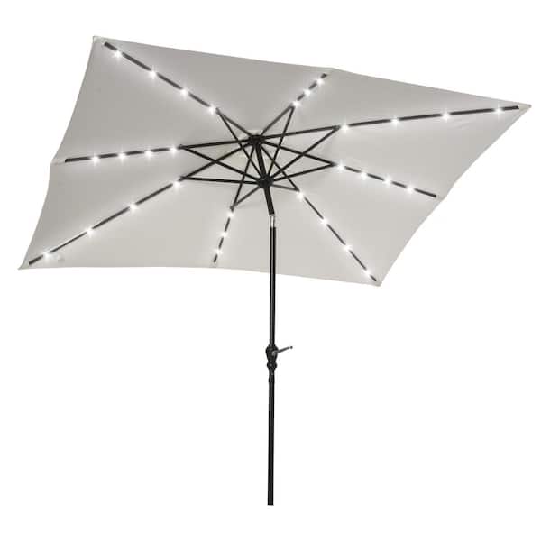 Zeus & Ruta 9 ft. x 7 ft. LED Steel Push-Up Patio Market Umbrella with Tilt & Crank in White