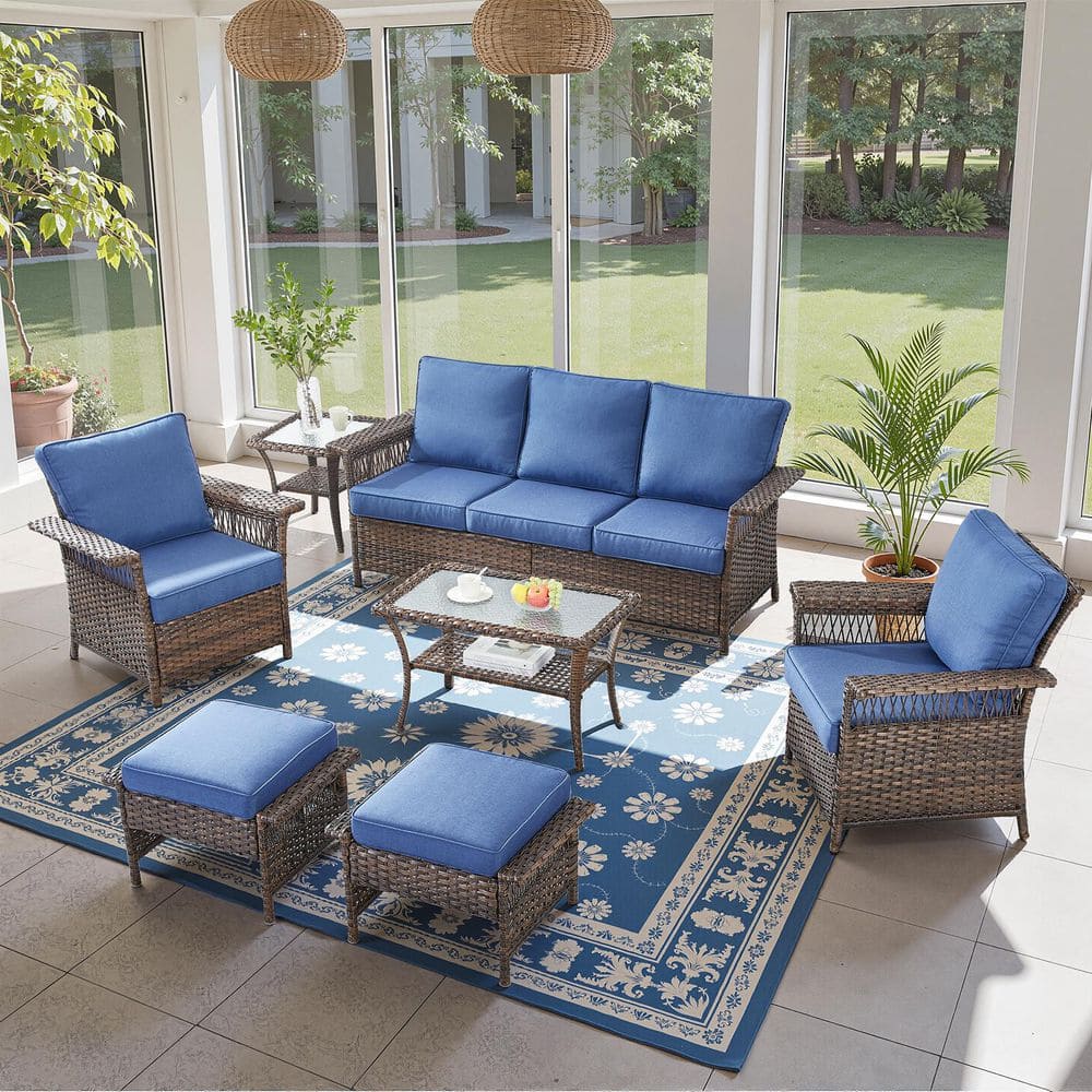 GliderNet Brown 7-Piece Wicker Patio Conversation Set with 3.5 in. Thick Navy Blue Cushions and Side Table price history on PriceWatchPro