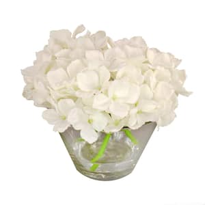 8 in. Artificial Floral Arangements Hydrangea with Acrylic Water in Glass- Color: White