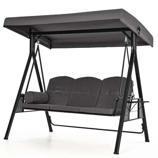 PamaPic 3-Person Gray Metal Patio Swing with Canopy and Cushions