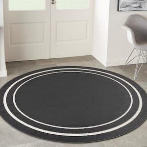 Essentials Black Ivory 4 ft. x 4 ft. Round Solid Contemporary Indoor/Outdoor Area Rug