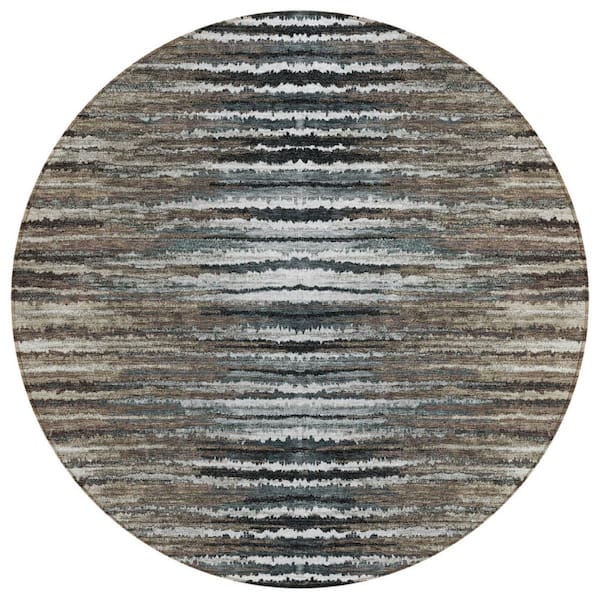 Brown, Taupe, Chocolate 8 ft. Round Woven Striped Polyester Round Indoor / Outdoor Area Rug