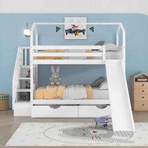 White Twin Bunk Beds with Slide, Twin Over Twin House Bunk Bed with Stairs and Storage Drawers, Wood Bunk Bed with Roof