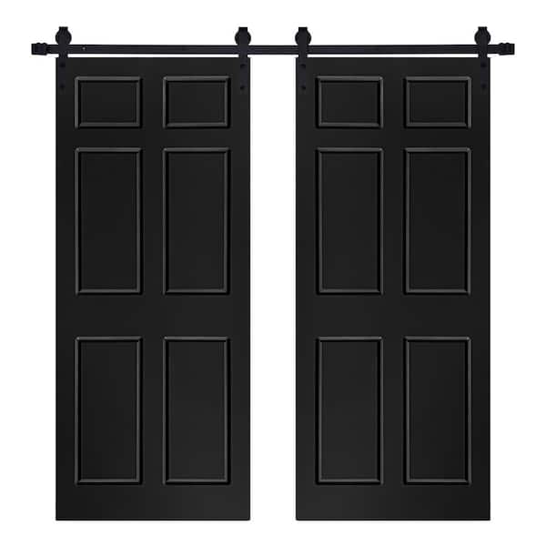 AIOPOP HOME Modern 6-Panel Designed 48 in. x 84 in. MDF Panel Black Painted Double Sliding Barn Door with Hardware Kit