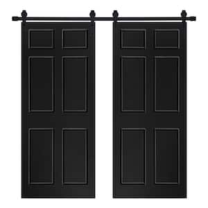 56 in. x 80 in. Modern 6-Panel Designed MDF Panel Black Painted Double Sliding Barn Door with Hardware Kit