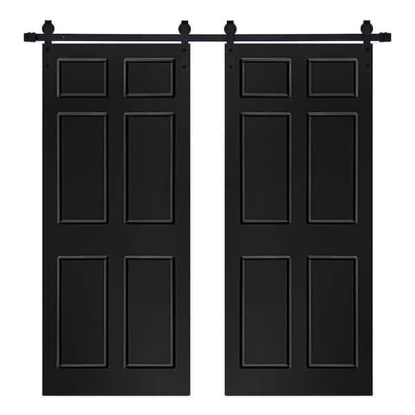 AIOPOP HOME Modern 6-Panel Designed 60 in. x 80 in. MDF Panel Black Painted Double Sliding Barn Door with Hardware Kit