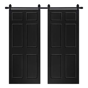 Modern 6-Panel Designed 60 in. x 84 in. MDF Panel Black Painted Double Sliding Barn Door with Hardware Kit