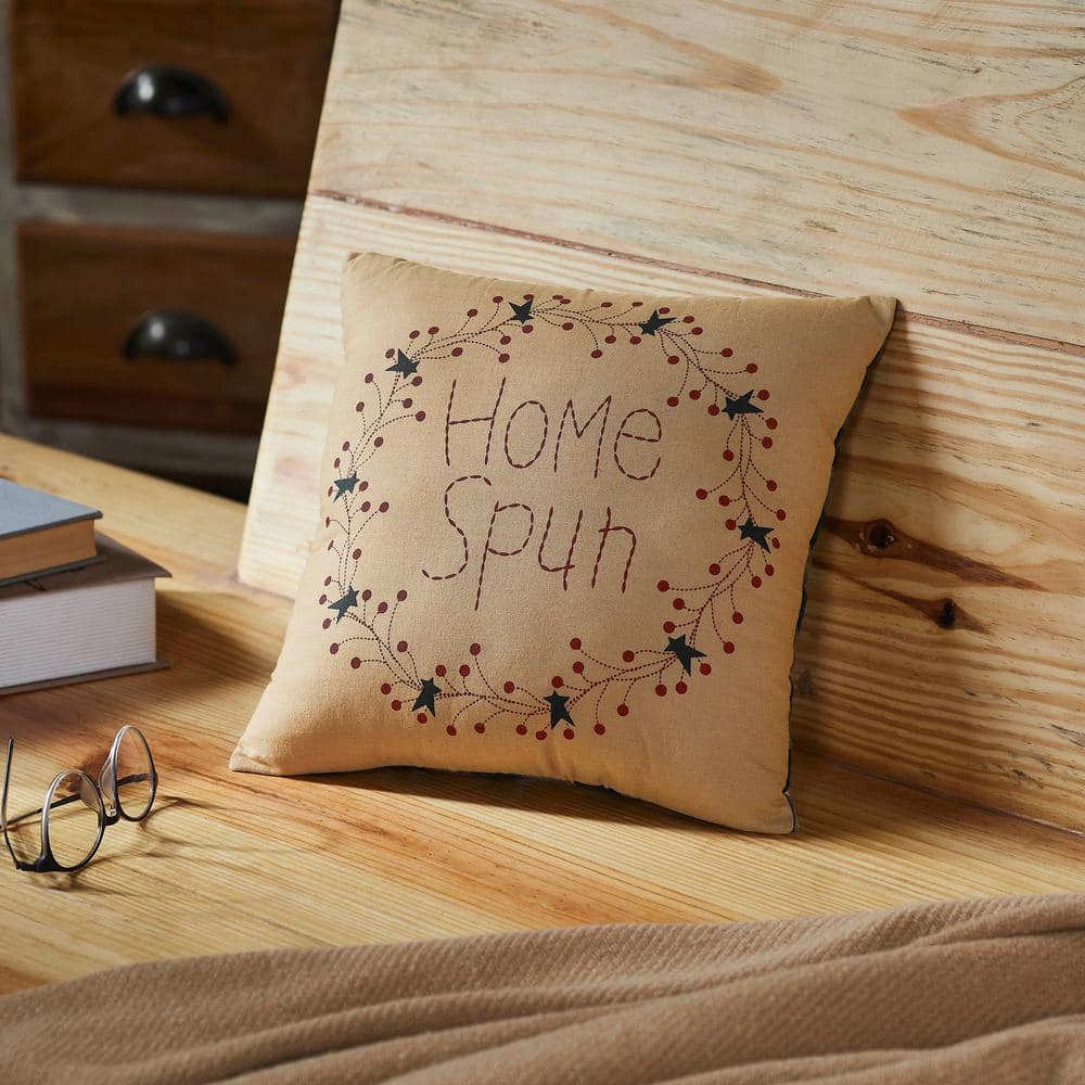 Rustic Beige Cotton Square Throw Pillow with Wreath Design