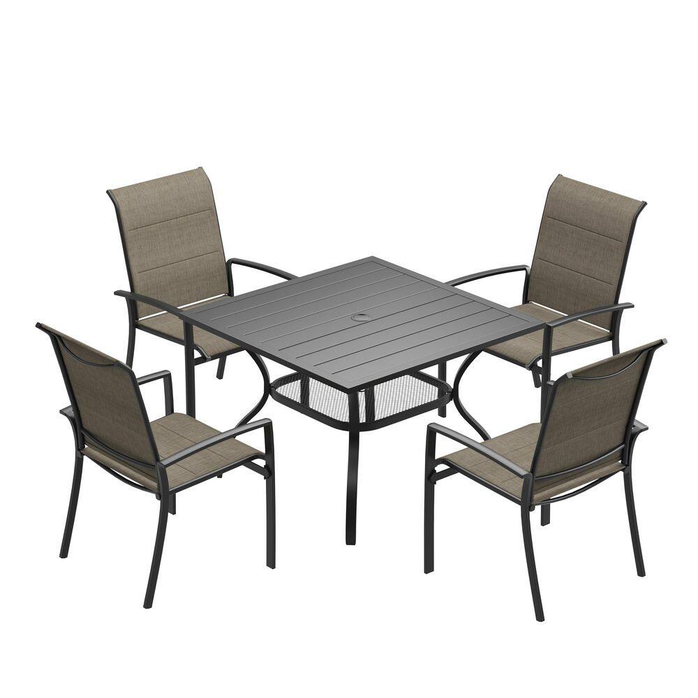 5-Piece Patio Dining Set with Black Square Table, Curved Legs, Umbrella Hole, and 4-Brown Stackable Armrest Chairs price history on PriceWatchPro