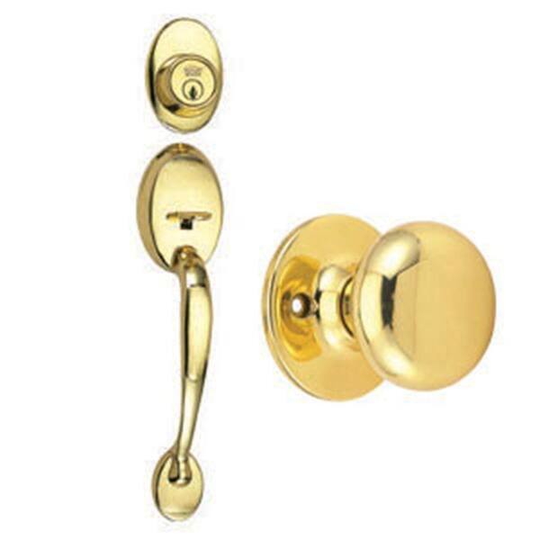 Design House Coventry Polished Brass Door Handleset with Single Cylinder Deadbolt, Cambridge Knob Interior and Universal 6-Way Latch