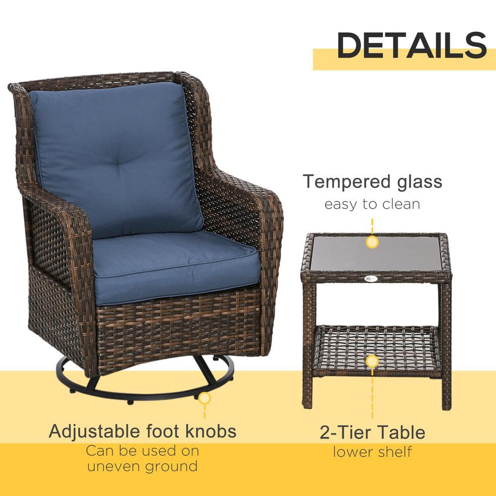 Blue and Brown PE Rattan Wicker 3-Piece Patio Bistro Set