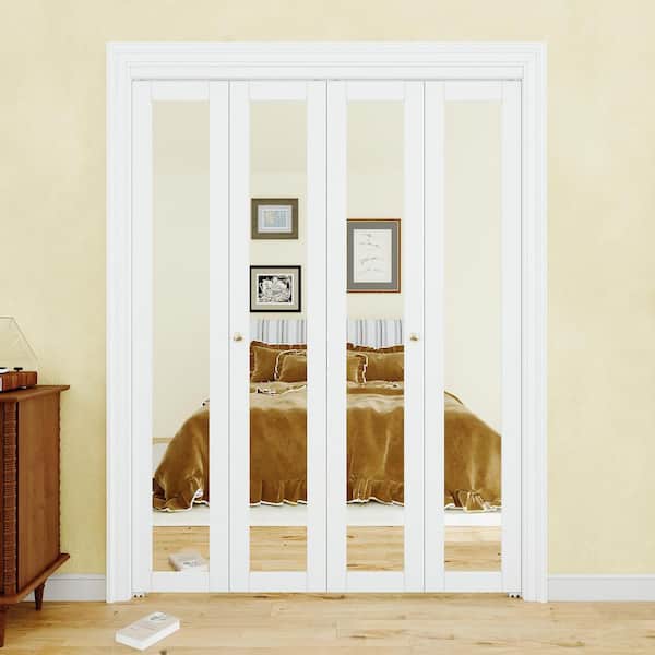 ARK DESIGN 60 in. x 80 in. 1-Lite Frosted Glass Mirrored Glass Solid Core White Finished Glass Pivot Bi-fold Door with 2 Hardware