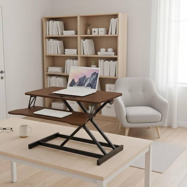 32 in. Walnut Adjustable Sit to Stand Desk Converter with Wide Keyboard Tray and Dual Monitor Workstation