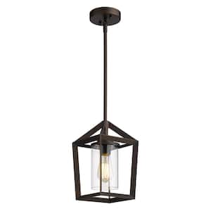 1-Light Bronze Cage Oil Rubbed Shaded Pendant Light with Glass Shade No Bulbs Included