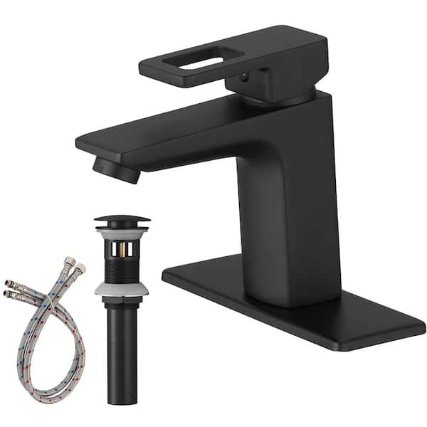 Single Handle Single Hole Bathroom Faucet with Deckplate and Drain Included, Lever Handle Bathroom Faucet in Matte Black