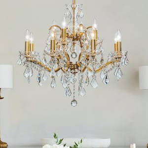 26 in. 12-Light Antique Gold Classic/Traditional Chandelier Glam Crystal Lighting Fixture (2-Tiered)