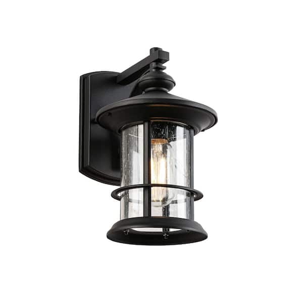 1-Light Black Clear Seedy Glass Outdoor Hardwired Wall Cylinder Sconce, No Bulbs Included