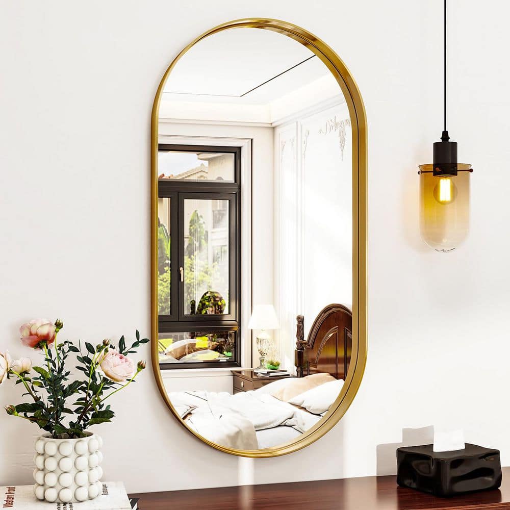 XRAMFY Morden Gold 22 in. W x 38 in. H Oval Aluminum Alloy Frame