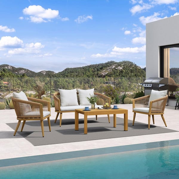 4-Piece Aluminum All-Weather Wicker Patio Conversation Set with Thick Sofa Cushions, Wood Grain