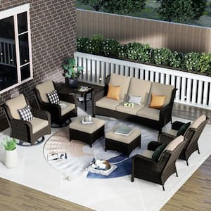 Erie Lake Brown 8-Piece Wicker Patio Conversation Seating Sofa Set with Beige Cushions and Swivel Rocking Chairs