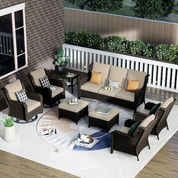 XIZZI Erie Lake Brown 8-Piece Wicker Patio Conversation Seating Sofa Set with Beige Cushions and Swivel Rocking Chairs
