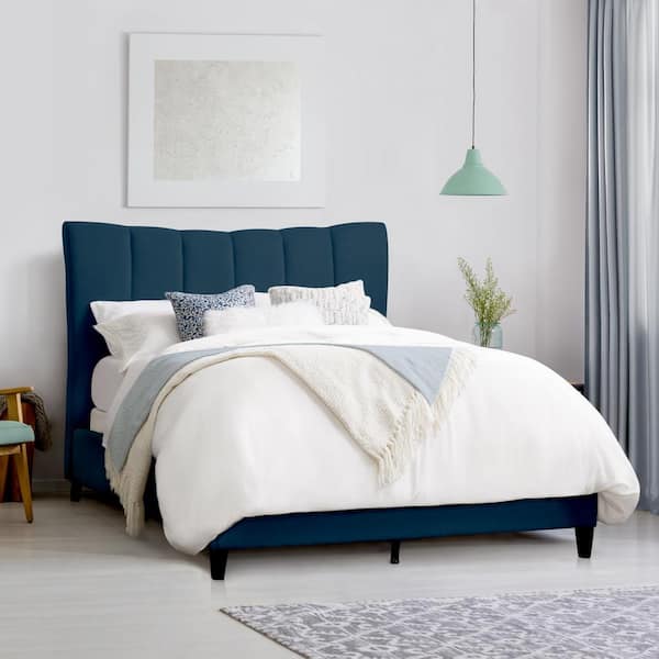 Corliving Rosewell Navy Blue Fabric, Blue Double Bed Frame