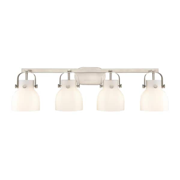 Innovations Pilaster II Bell 36.5 in. 4-Light Satin Nickel Vanity Light with Glass Shade