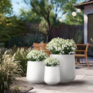 15.5" x 12" x 8.5" Dia Crisp White Extra Large Tall Round Concrete Plant Pot/Planter for Indoor and Outdoor Set of 3