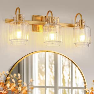 23 in. Gold 3-Light Vanity Light with Ribbed Bottle Glass Bathroom Wall Sconce for Bathroom and Hallway