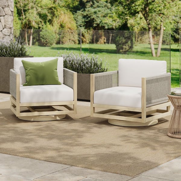 Tanya Light Teak Solid Wood and Rope Weave Patio Outdoor Swivel Lounge Chairs with Cream Cushions, Set of 2