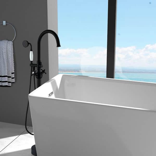 2-Handle Floor Mount Freestanding Tub Faucet with Hand Shower in Matte Black