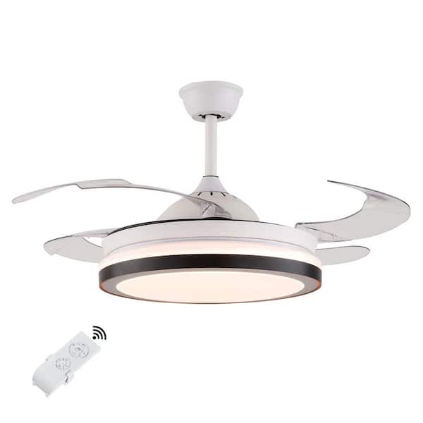 OUKANING 42 in. Integrated LED Indoor White 3 Speeds Retractable Ceiling Fan with Lights and Remote Control