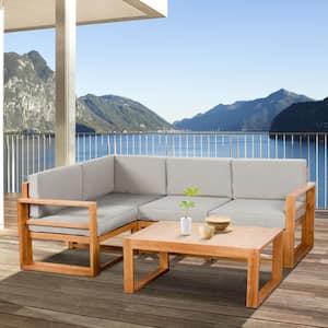 5-Piece Wood Outdoor Sectional with Grey Cushions Conversation Set with Coffee Table