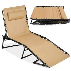 Outdoor Chaise Lounge Chair, Portable Adjustable Folding Patio Recliner with Pillow in Tan